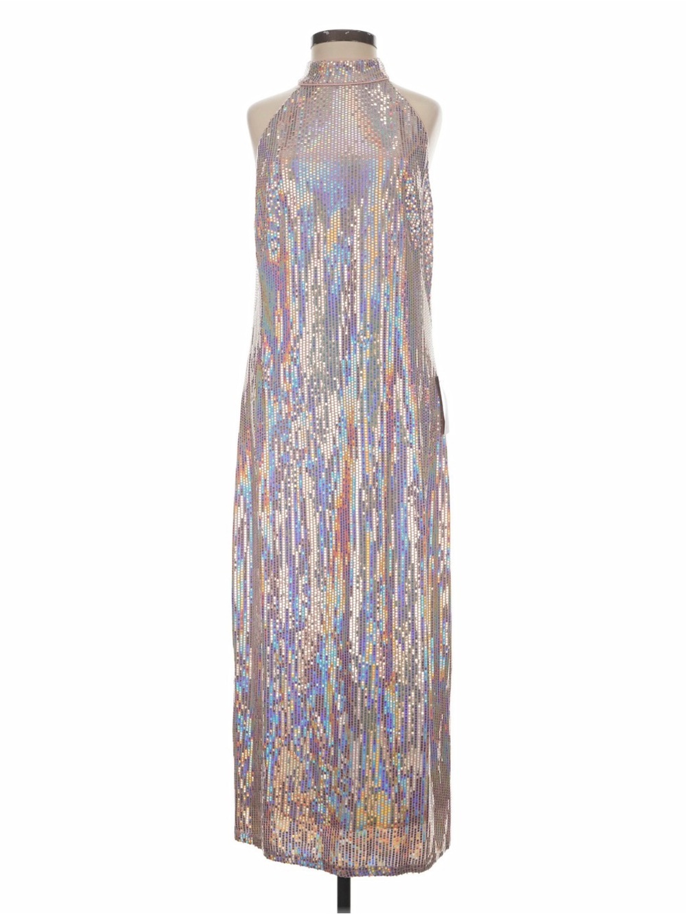 NWT SHO Tadashi Shoji Holographic Iridescent Sequin High Neck Midi Dress S